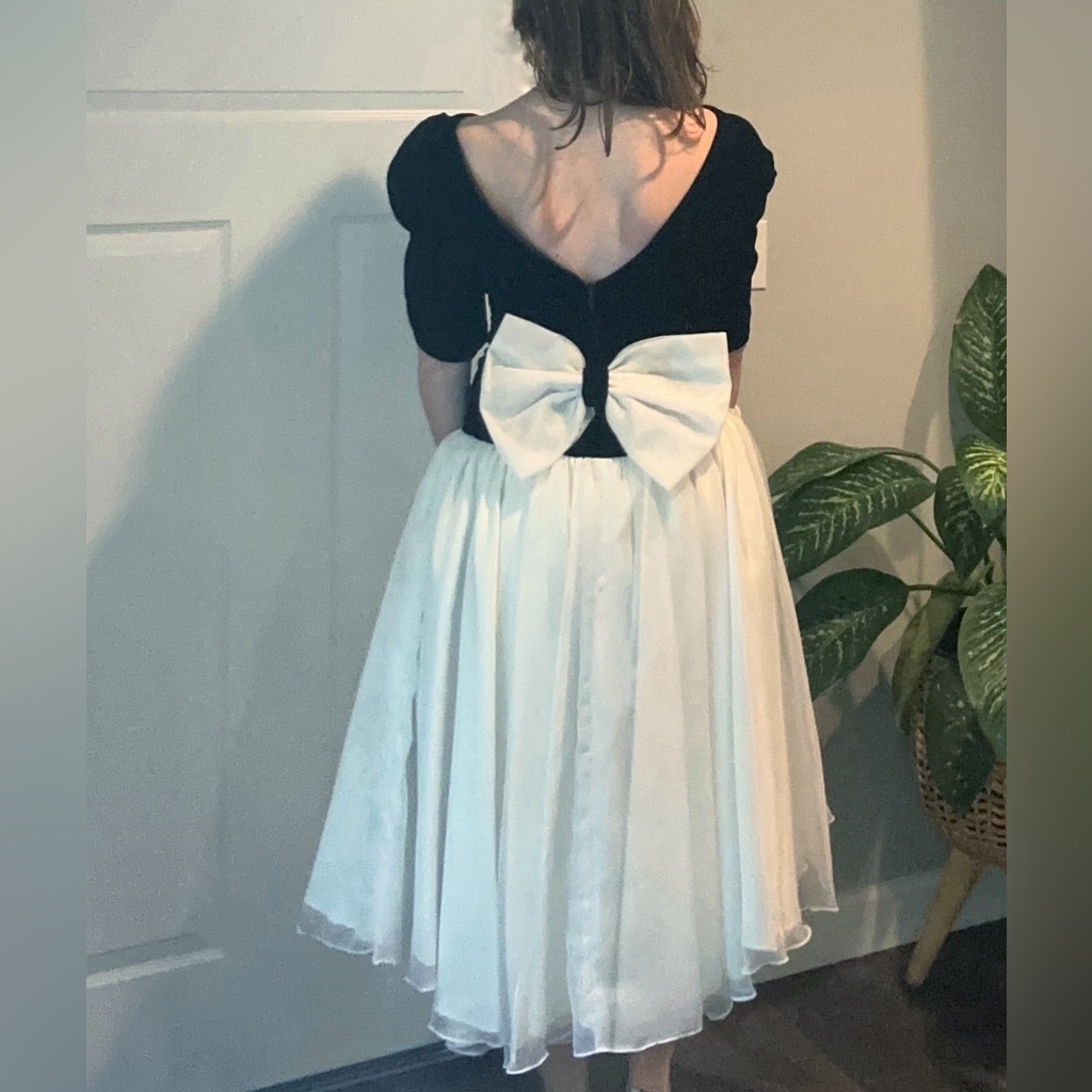 Vintage 1980’s Black Velvet & Tulle Gown With Stunning Low Back + Bow Me